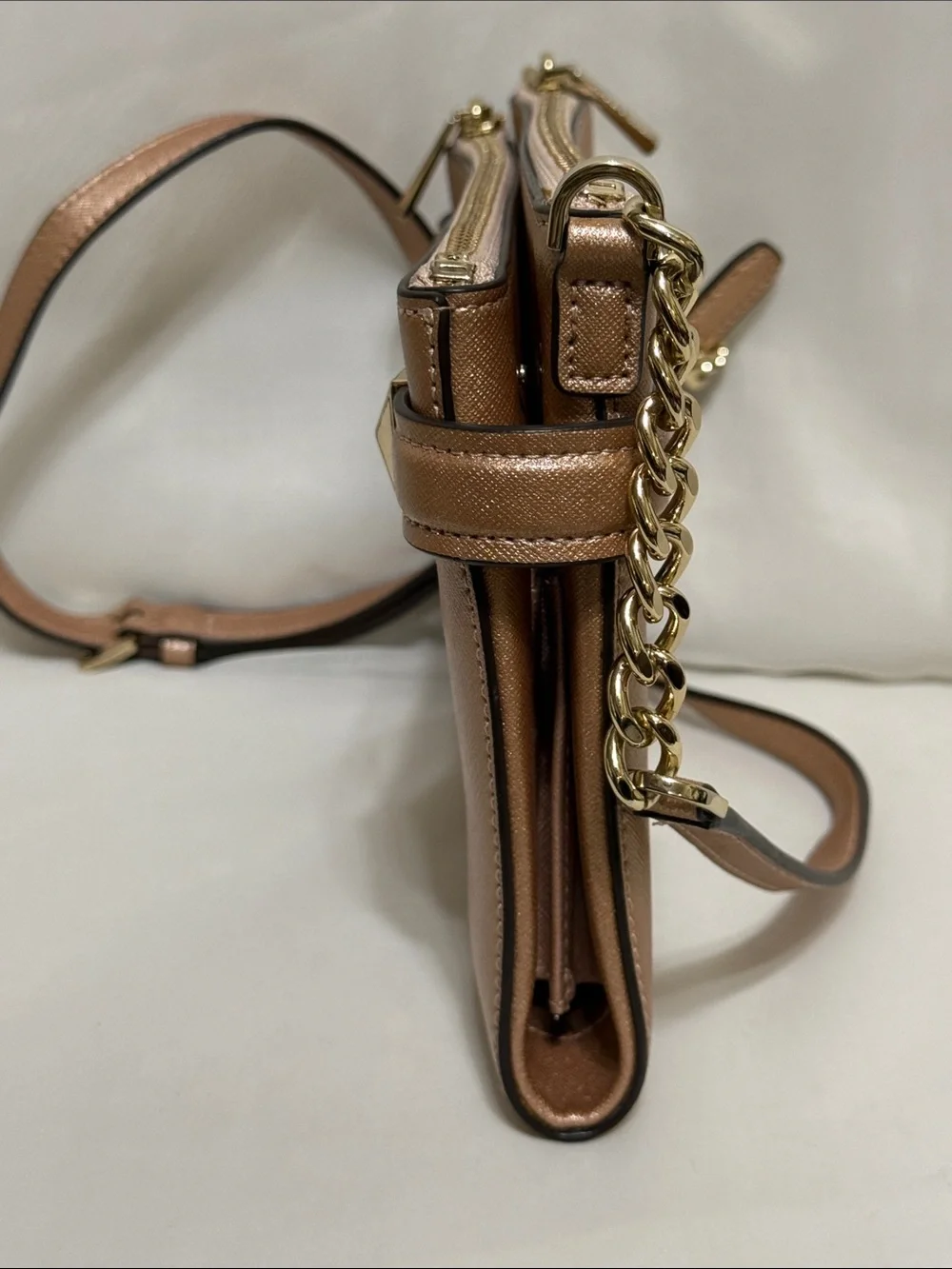 Michael Kors Karla Metallic Leather East West Crossbody In Ballet/Rose Gold